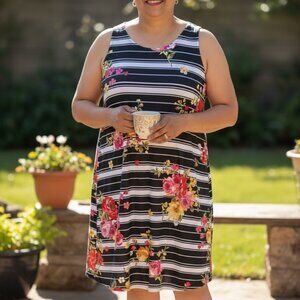 Floral-Striped Sleeveless Dress